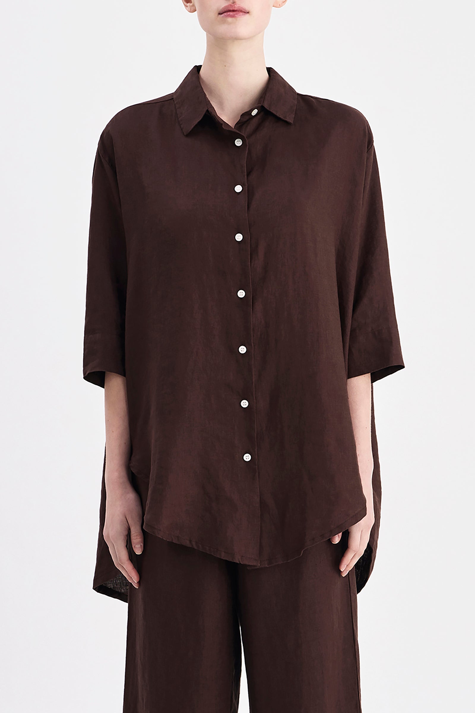 Lounge Linen Longline Shirt Chocolate 