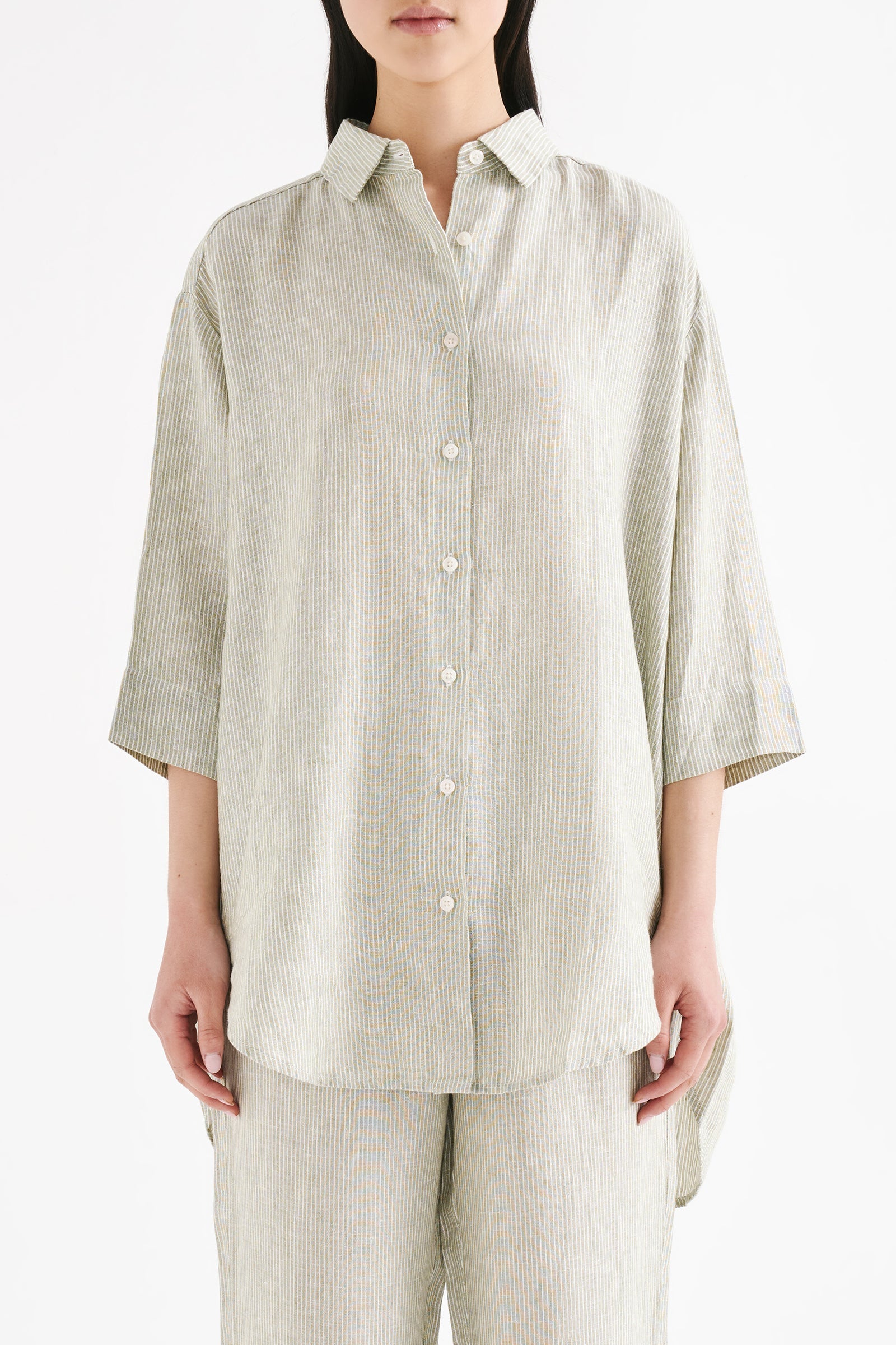 Lounge Stripe Linen Longline Shirt Sage Stripe 