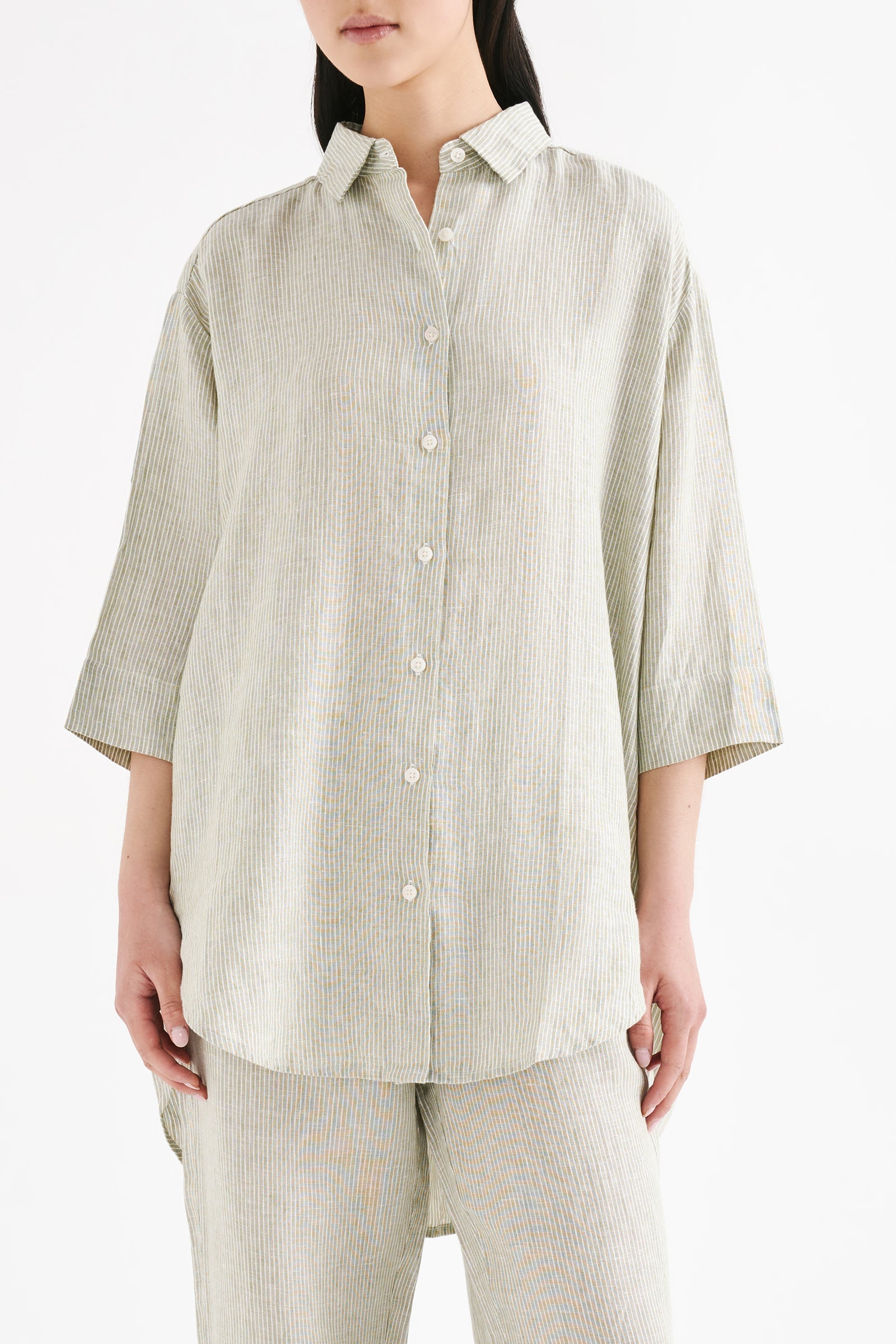 Lounge Stripe Linen Shirt Sage Stripe 