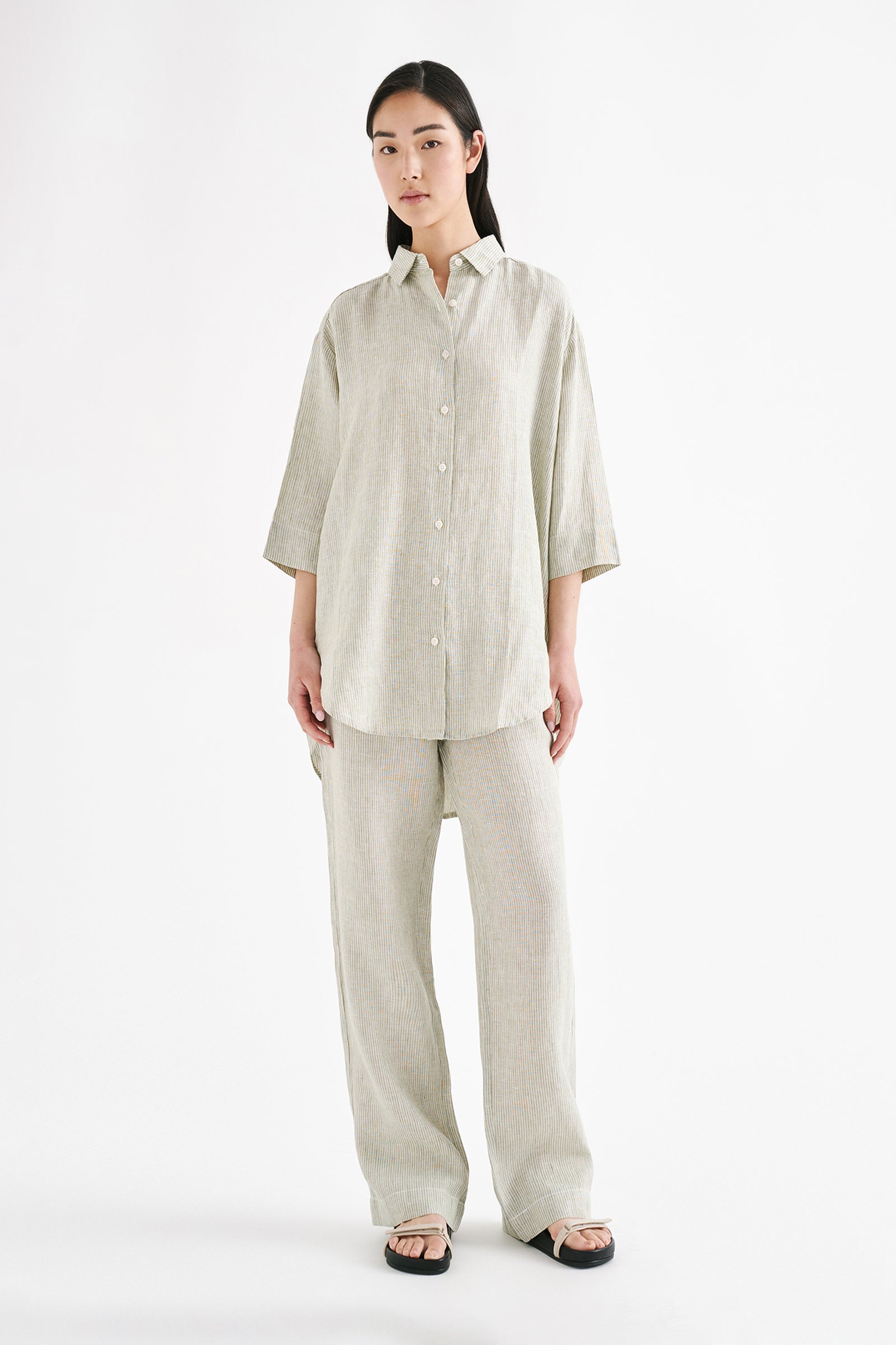 Lounge Stripe Linen Longline Shirt Sage Stripe 