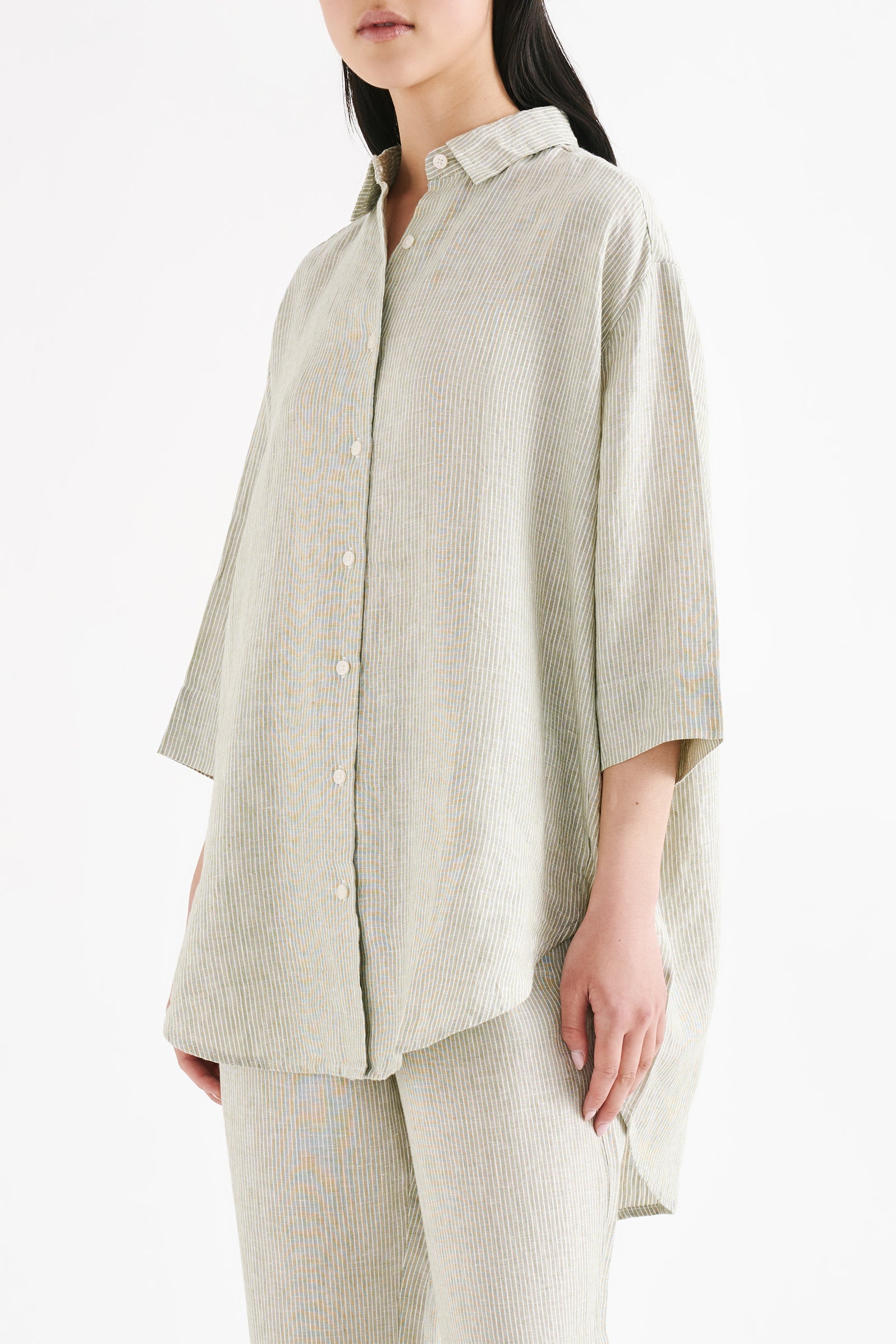 Lounge Stripe Linen Longline Shirt Sage Stripe 