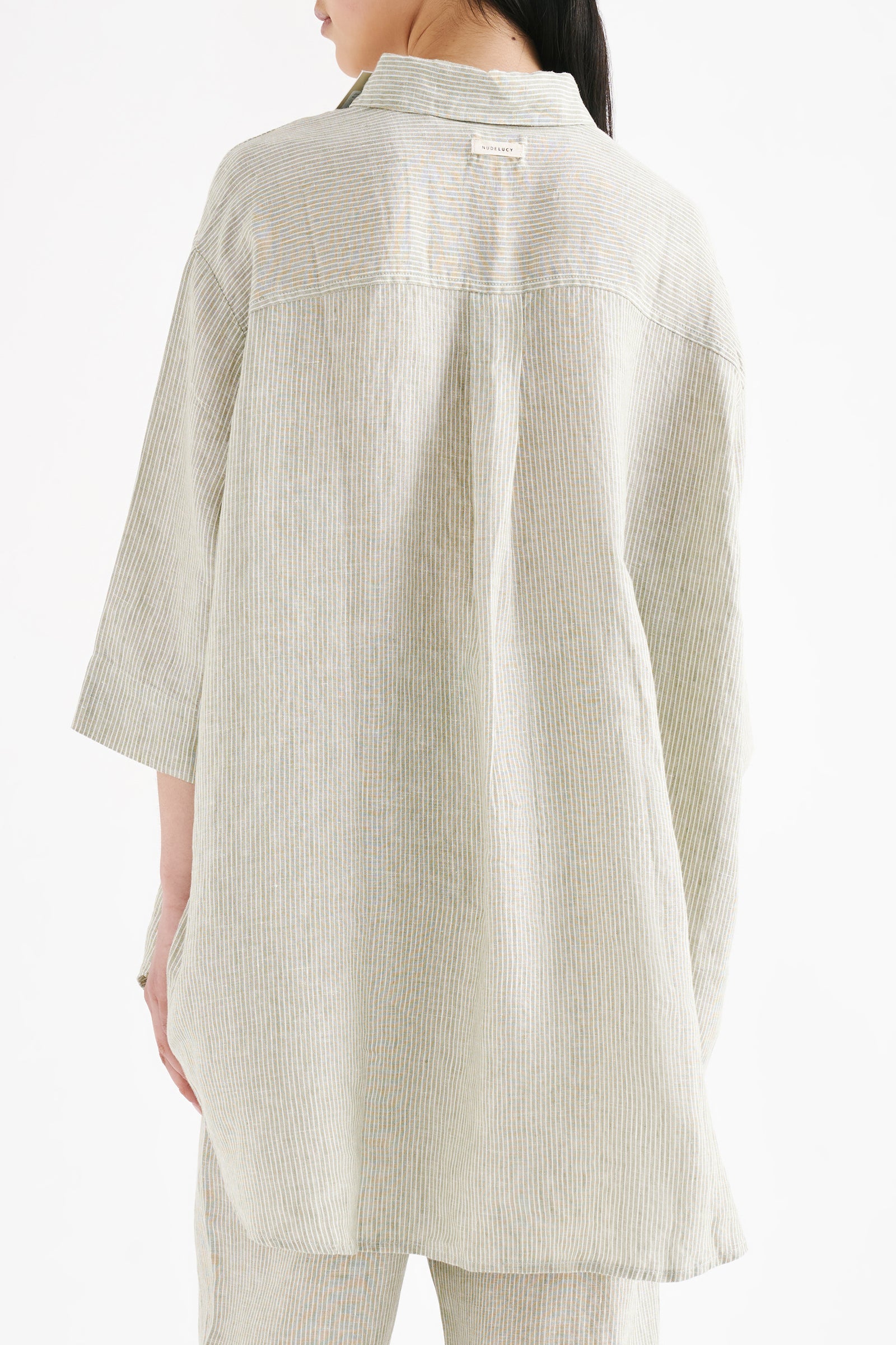 Lounge Stripe Linen Longline Shirt Sage Stripe 
