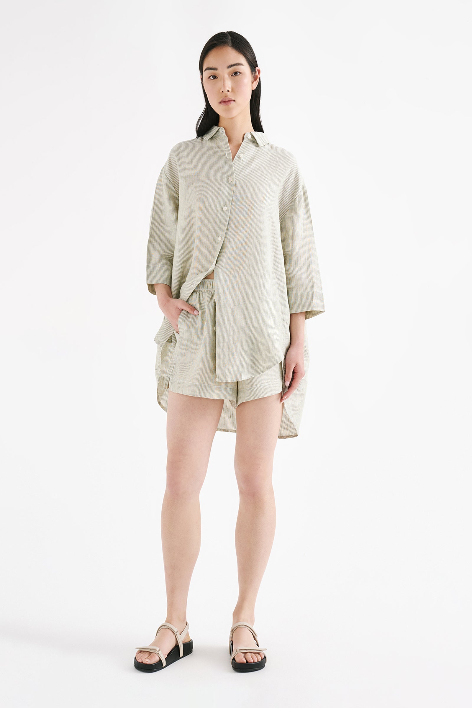 Lounge Stripe Linen Shirt Sage Stripe 
