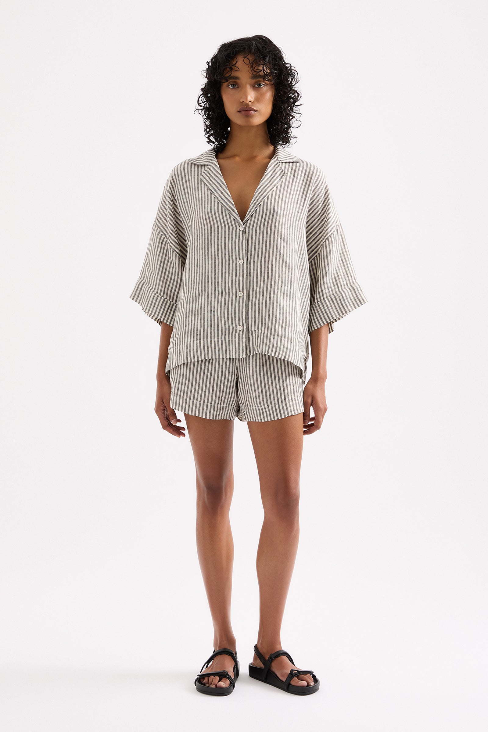 Lounge Stripe Linen Shirt Black Stripe 