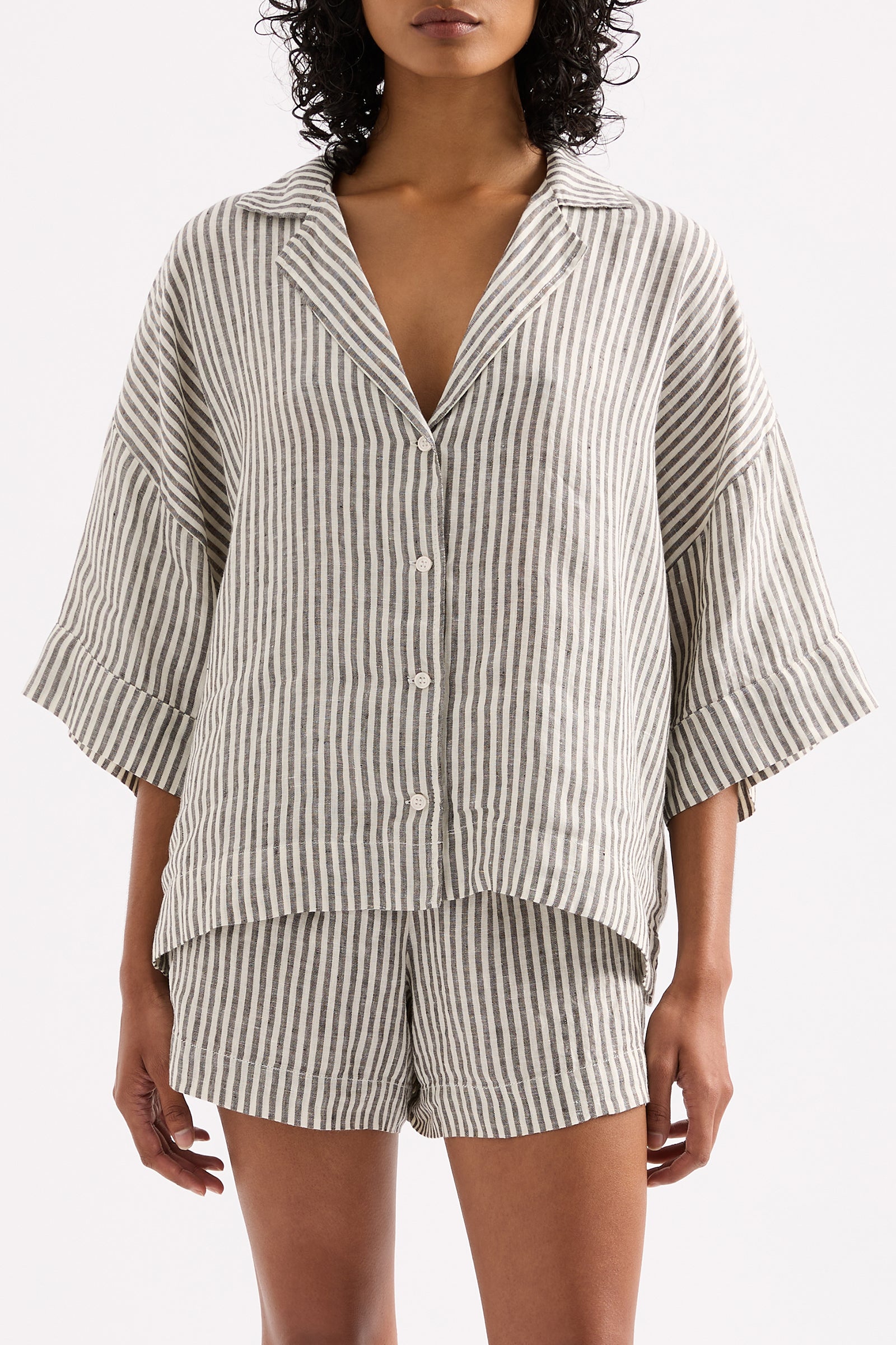 Lounge Stripe Linen Shirt Black Stripe 