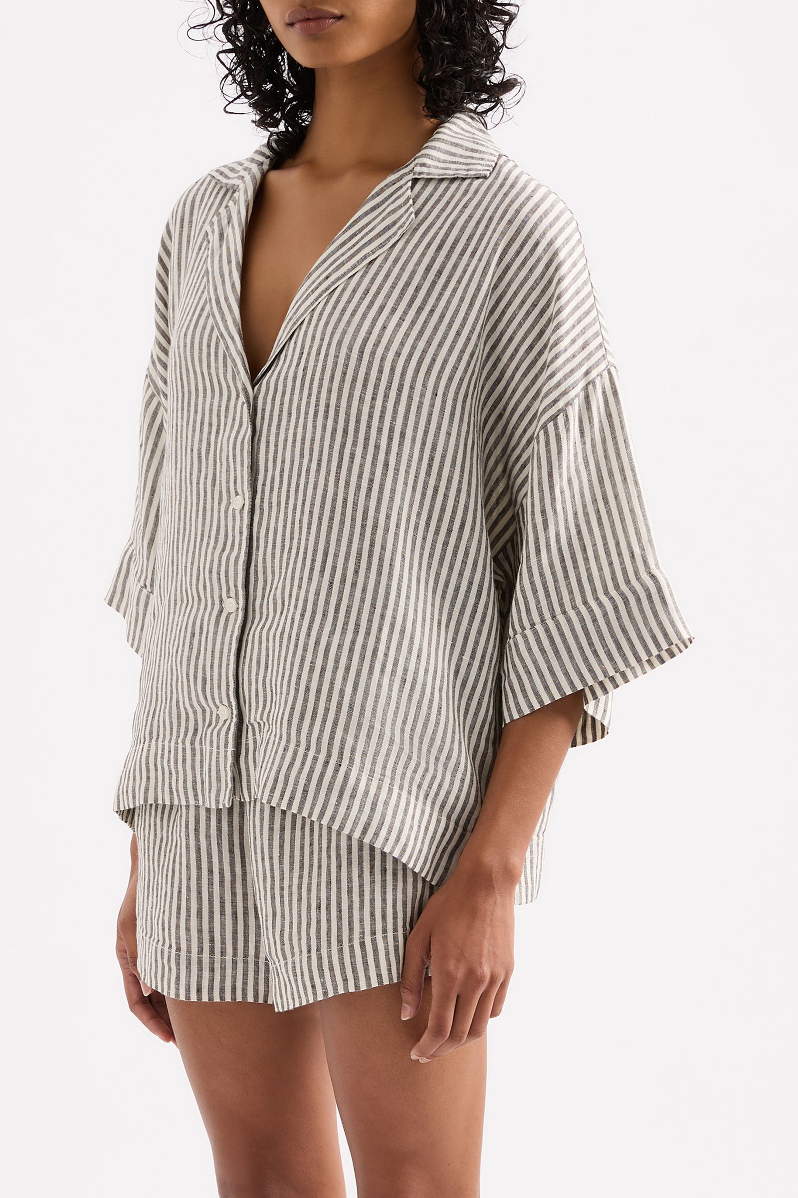 Lounge Stripe Linen Shirt Black Stripe 