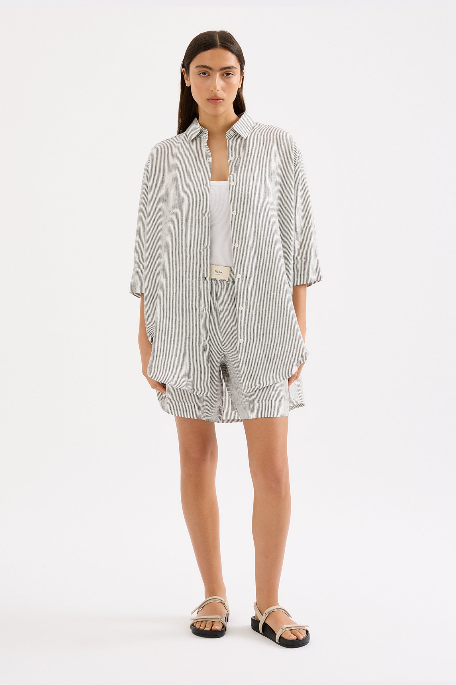 Lounge Stripe Linen Longline Shirt Pinstripe 