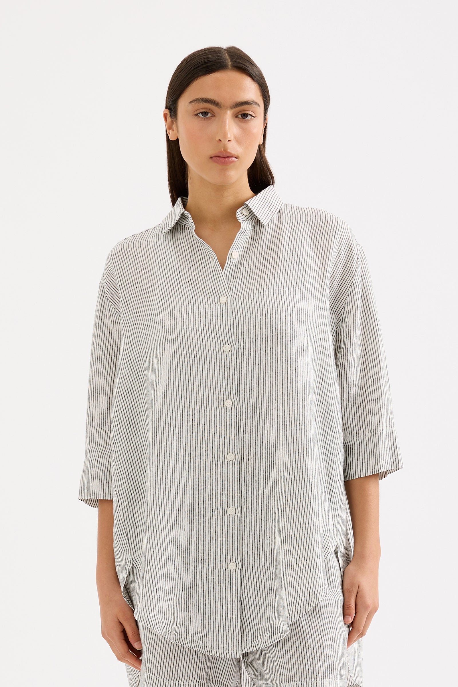 Lounge Stripe Linen Longline Shirt Pinstripe 