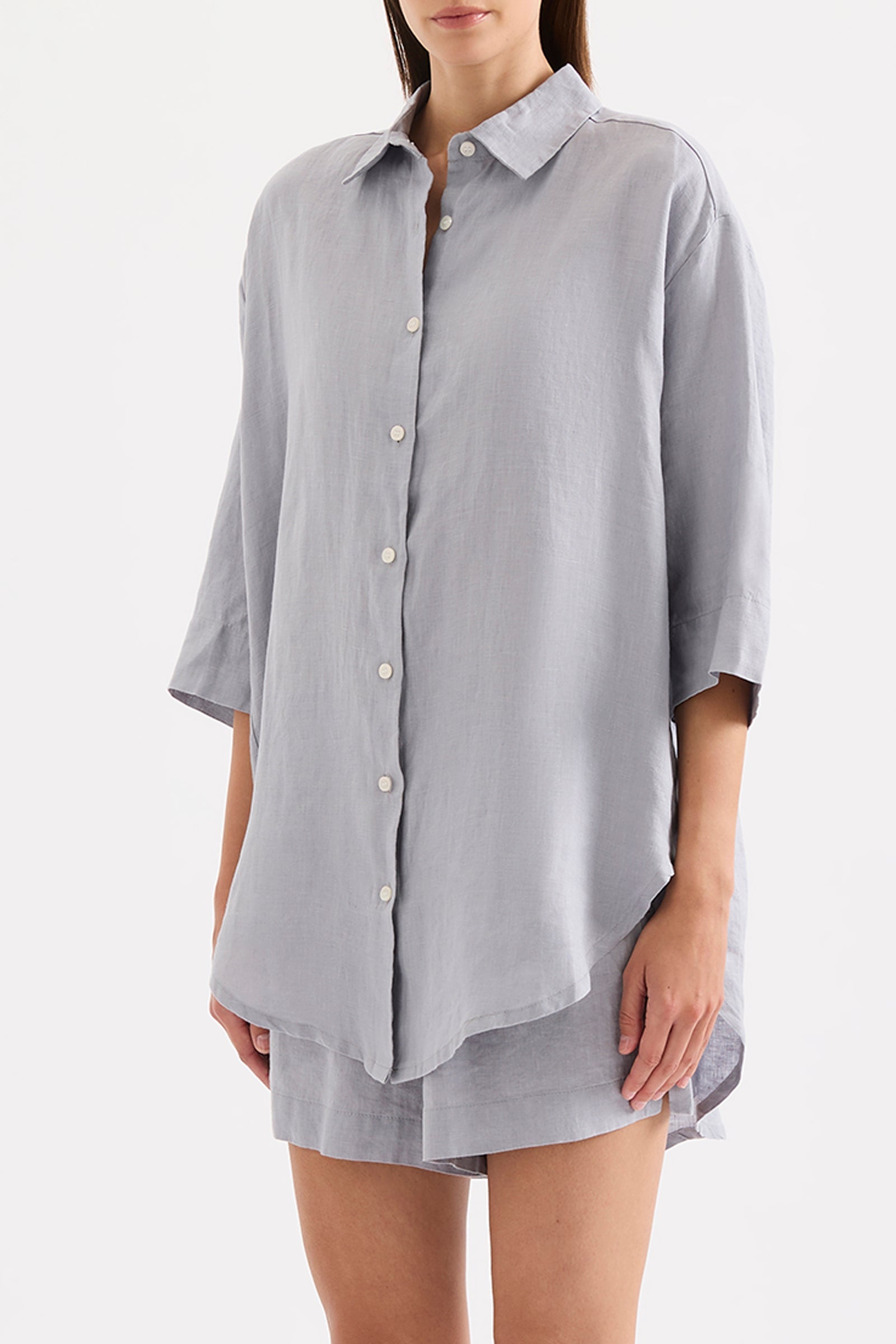 Lounge Linen Longline Shirt Storm 