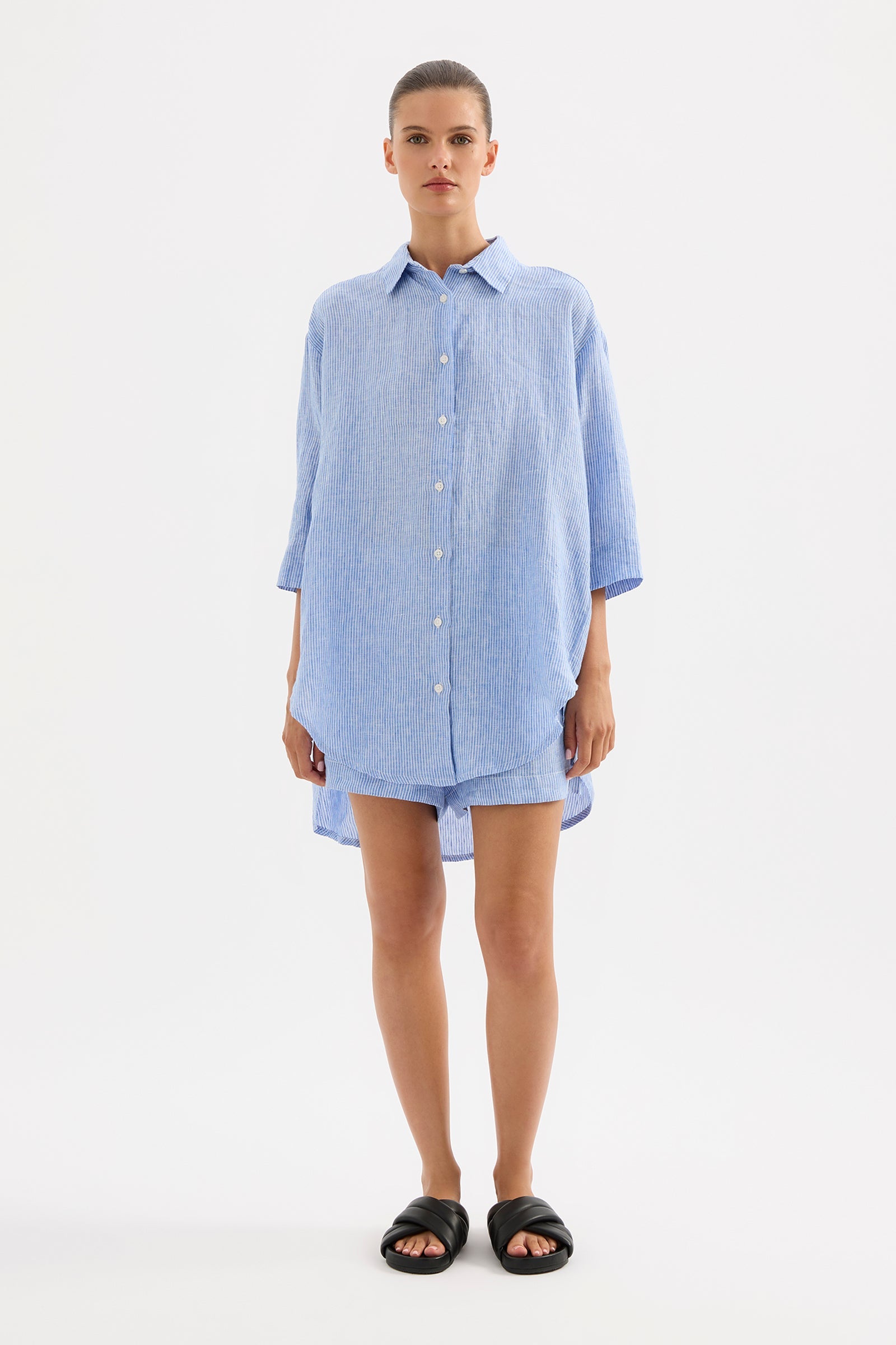 Lounge Stripe Linen Long Shirt Blue Stripe 