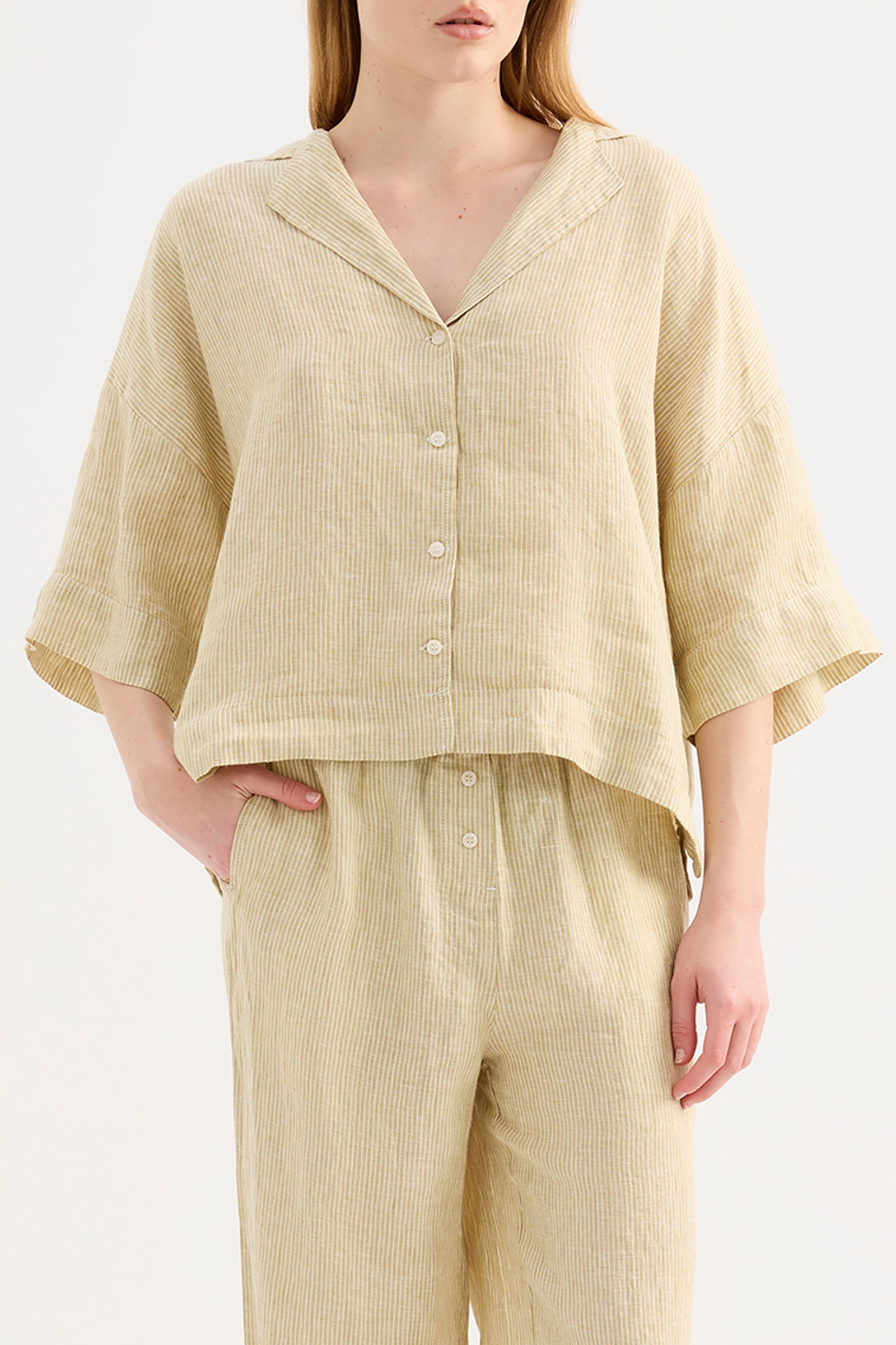 Lounge Stripe Linen Shirt Moss Stripe 