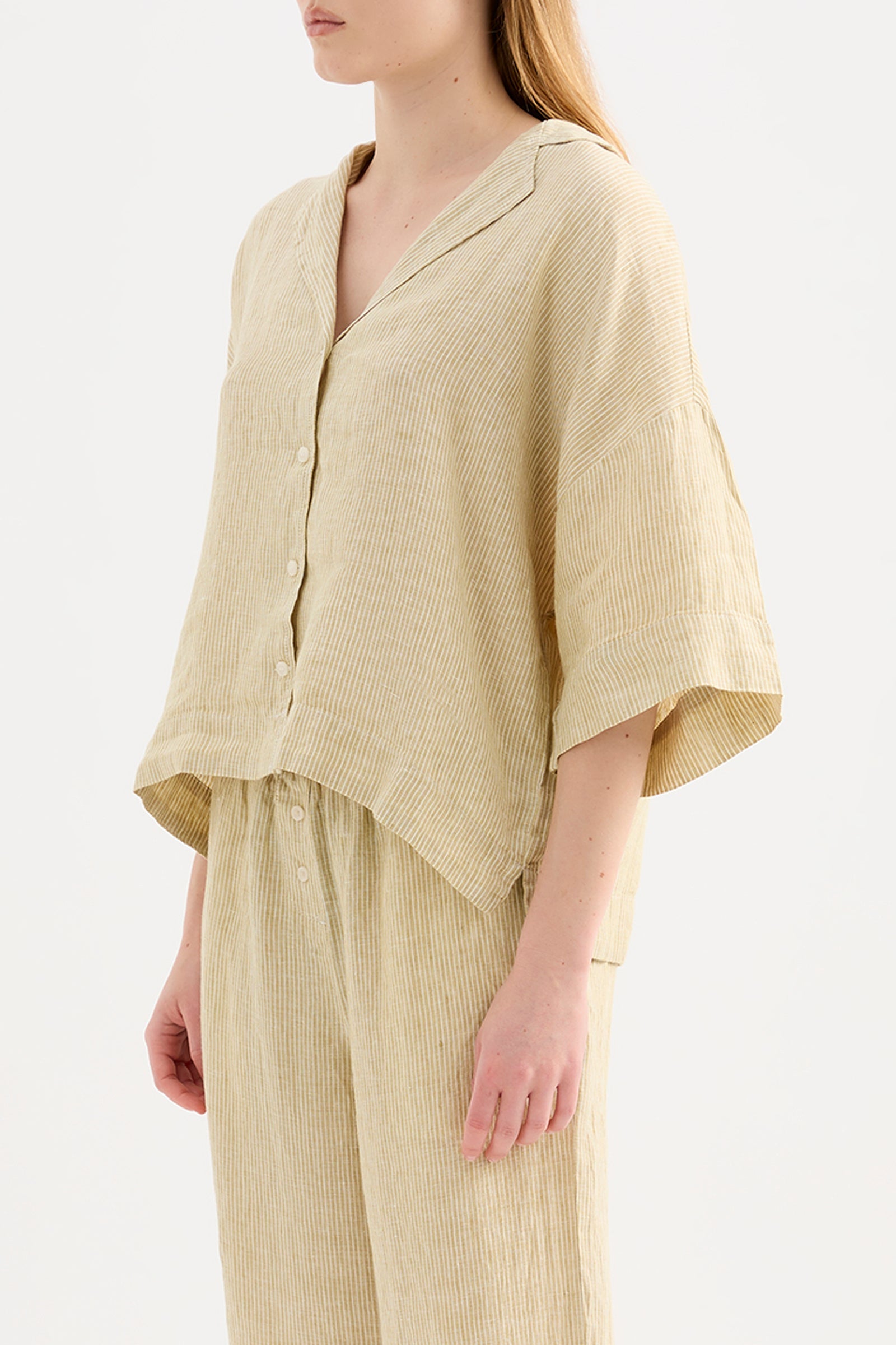 Lounge Stripe Linen Shirt Moss Stripe 