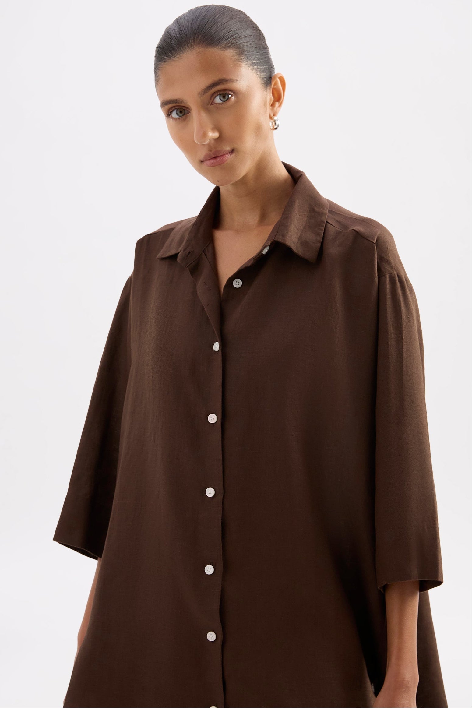 Lounge Linen Longline Shirt Chocolate 