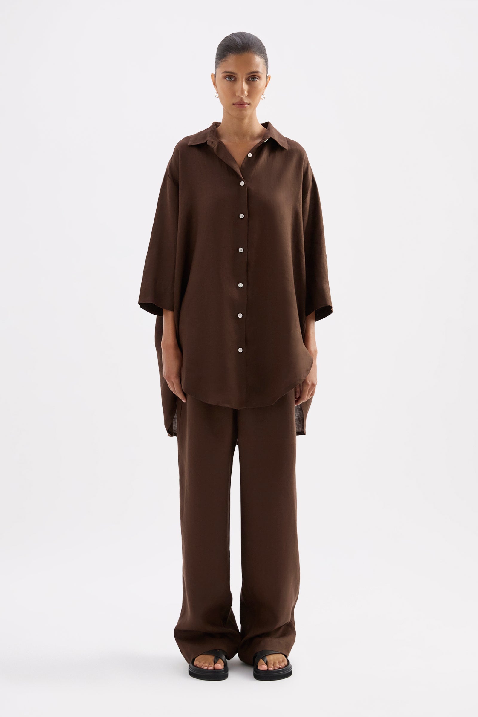 Lounge Linen Longline Shirt Chocolate 
