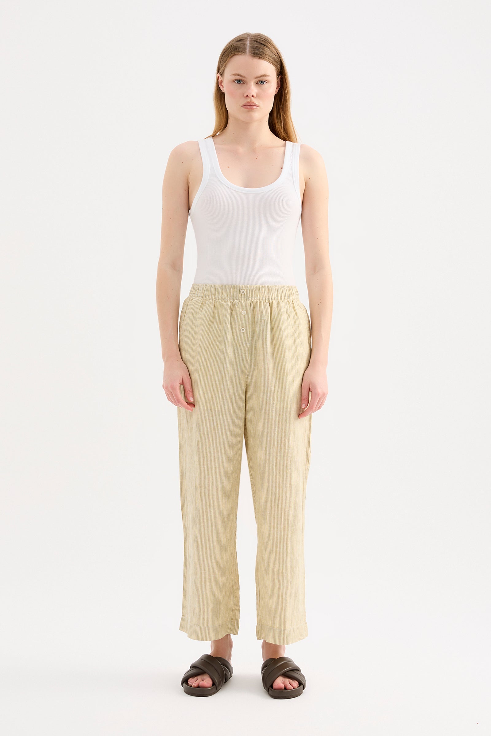 Lounge Stripe Linen Crop Pant Moss Stripe 