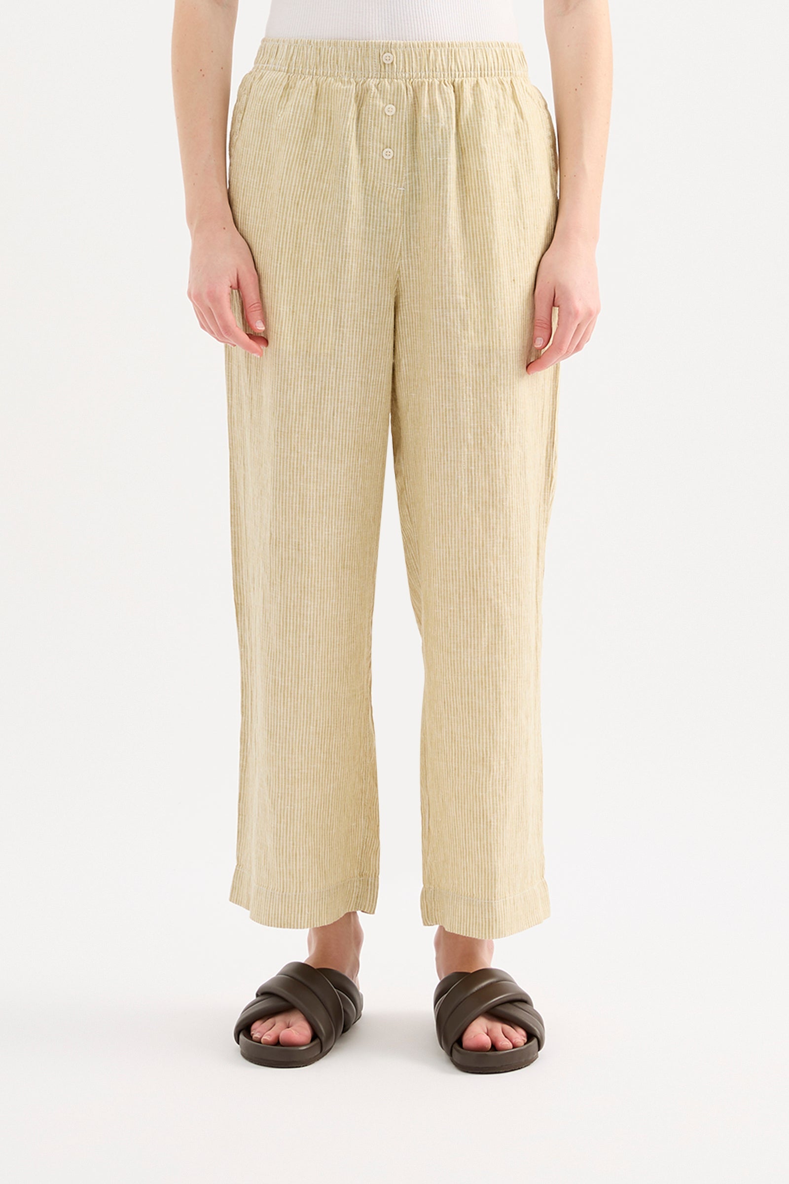 Lounge Stripe Linen Crop Pant Moss Stripe 
