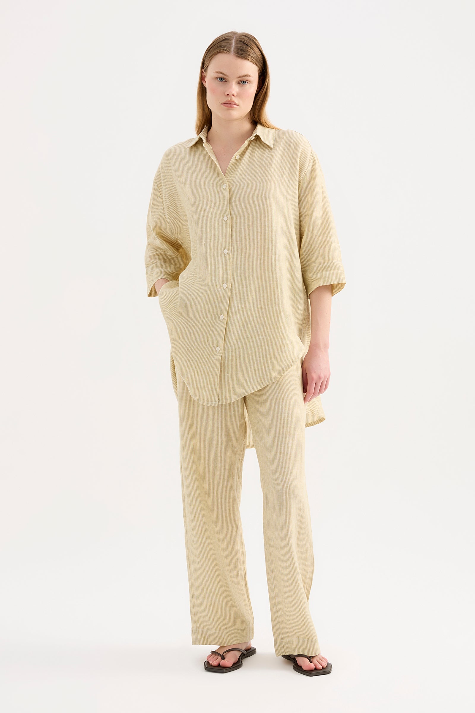 Lounge Stripe Linen Longline Shirt Moss Stripe 