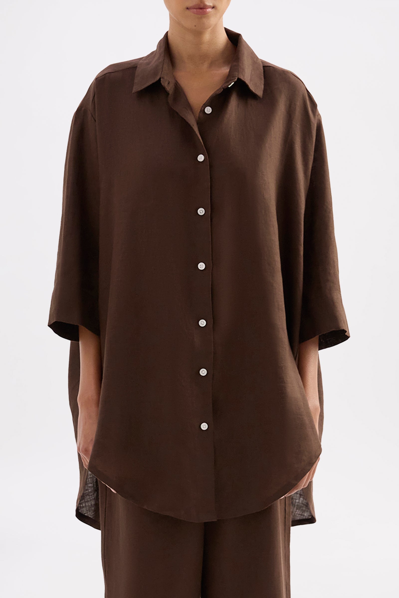 Lounge Linen Longline Shirt Chocolate 