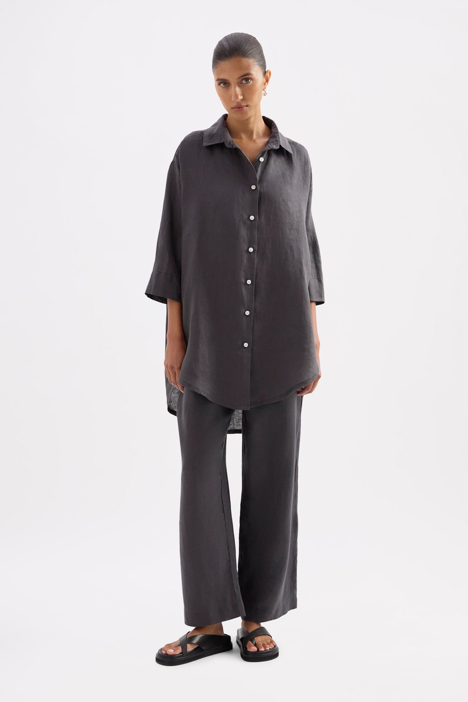 Lounge Linen Longline Shirt Coal 