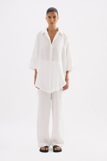 Lounge Linen Longline Shirt White 